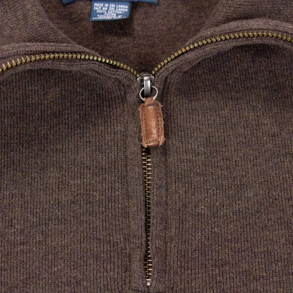 VTG Polo Ralph Lauren Mens Large Brown 1/4 Zip Pullover Sweater 100% Cotton Y2K